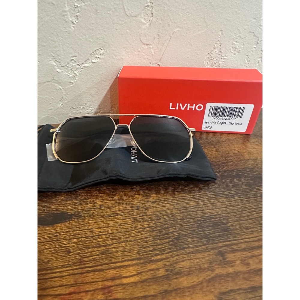 Livho Sunglasses‎ Aviator Gold Black Lenses DK009 New With Box